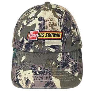 Go USA Baseball Cap Beige Green OS Les Schwab Tires Camo Strapback Logo Hat